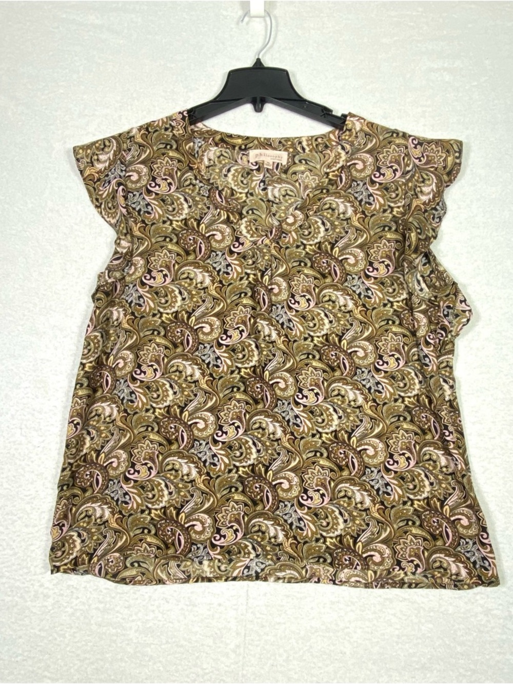 Philosophy Paisley Blouse Women's XL Olive Pink V-Neck Ruffled Cap Sleeve Boho